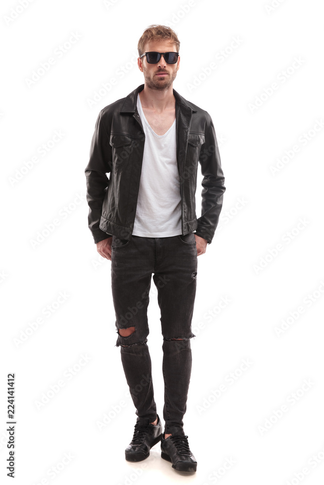 sexy blond man wearing sunglasses and leather jacket standing sexy blond man wearing sunglasses and leather jacket standing