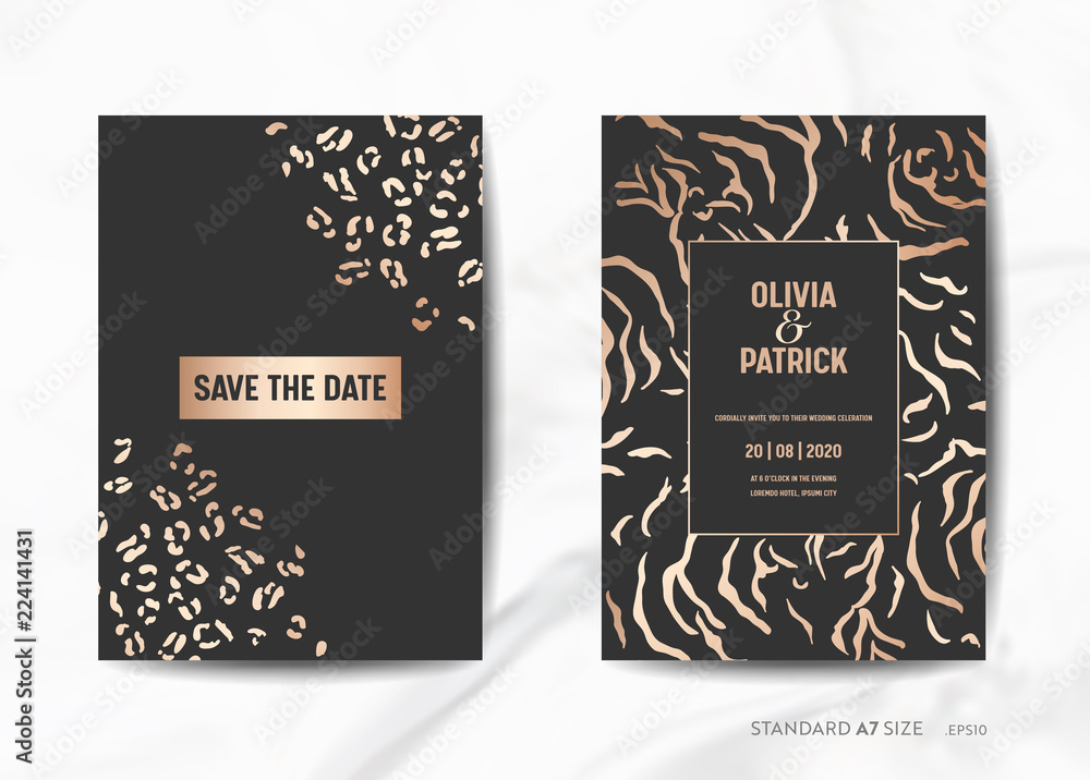 Wedding Invitation Cards, Save the Date with trendy Animal Skin golden texture background illustration in vector
