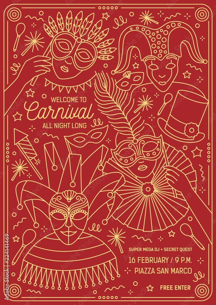 Φωτογραφία Poster, flyer or invitation template for masquerade ball, carnival, festival or party with characters wearing festive masks and costumes