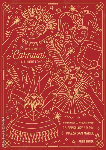 Poster, flyer or invitation template for masquerade ball, carnival, festival or party with characters wearing festive masks and costumes. Vector illustration in line art style for event announcement.