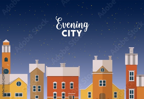 Horizontal banner template with evening winter urban landscape with city street, facades of beautiful buildings and starry sky on background. Colorful vector illustration in flat cartoon style.