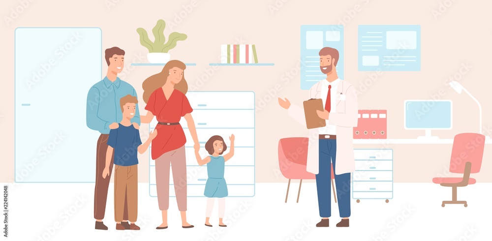 Smiling mother, father and children came to physician's office, clinic or  hospital. Visit to family doctor or meeting with medical adviser. Colorful  vector illustration in flat cartoon style. Stock Vector | Adobe