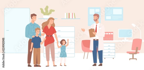 Smiling mother, father and children came to physician's office, clinic or hospital. Visit to family doctor or meeting with medical adviser. Colorful vector illustration in flat cartoon style.