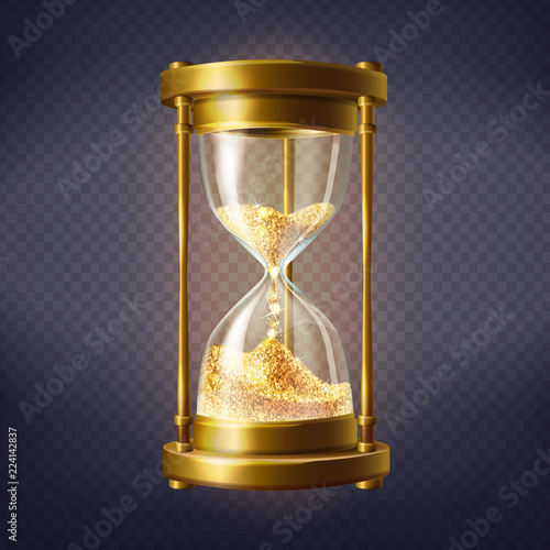 Vector realistic hourglass, antique clock with golden sand inside, isolated on transparent background. Sandglass is device used to measure hours and minutes. Time is gold, concept illustration
