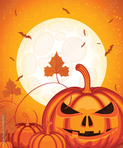 Vector background on Halloween theme with a smiling pumpkins head, a full moon and bats. Scary flyer or invitation template for Halloween