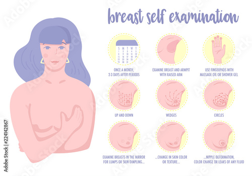 Young caucasian woman shows how to do breast cancer self exam.