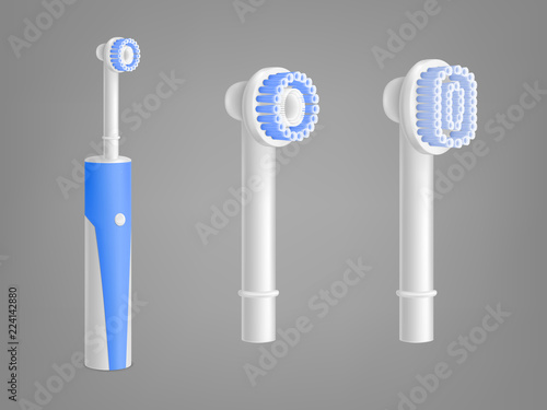 Electric toothbrush 3D isolated realistic vector illustration with replacement brush head and rubber grip. Blue and white blank mockup models for dental care and teeth cleaning