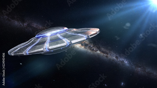 Photography UFO, alien spaceship in outer space, extraterrestrial flying saucer and the Milk