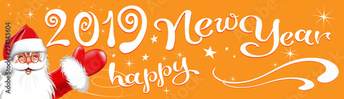2019 Happy New year banner with Santa Claus and calligraphy
