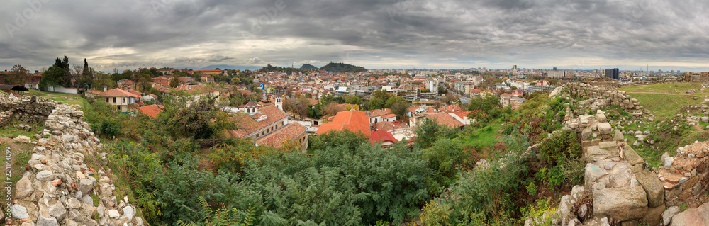 Beautiful panorama from the hill Nebet Tepe in the medieval part of Plovdiv, Bulgaria, called Old Town, with the skyline cityscape in the background