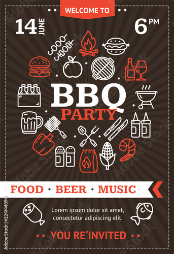Bbq Party Invitation or Brochure with Thin Line Icon. Vector
