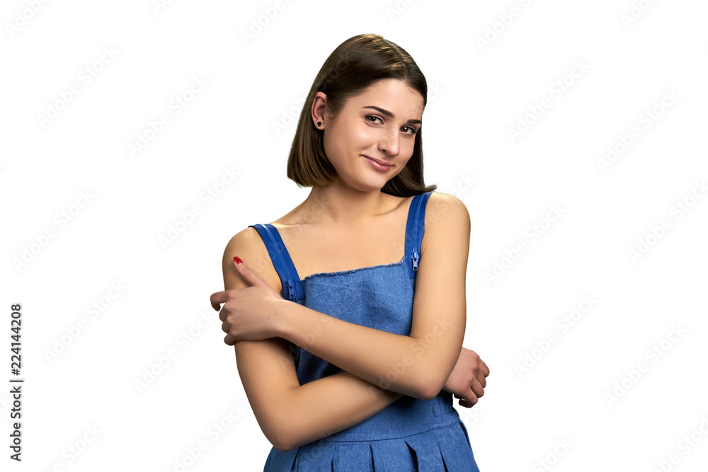 Flirty lady isolated on white background. Beautiful coquette brunette smiling over white background with copy space. Flirty lady isolated on white background. Beautiful coquette brunette smiling over white background with copy space.