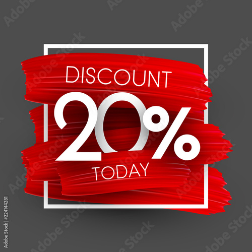 Sale 20% discount promo poster with red brush strokes.