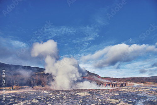 Geyser explosion in the Geysir park, Iceland 