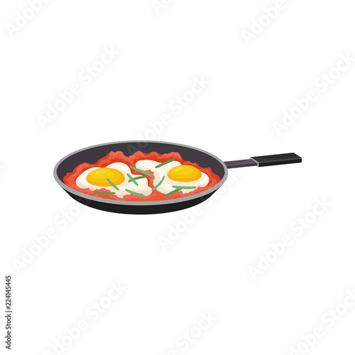 Fried egg with tomatoes in a frying pan, fresh nutritious breakfast food, design element for menu, cafe, restaurant vector Illustration on a white background