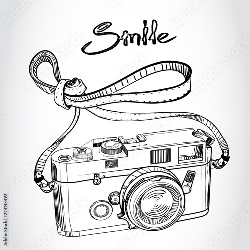 retro photo camera,hipster, Illustration of grunge, black and white,handmade