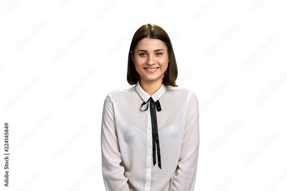 Happy smiling girl on white background. Portrait of young cheerful female. Studio shot of joyful student. Happy smiling girl on white background. Portrait of young cheerful female. Studio shot of joyful student.