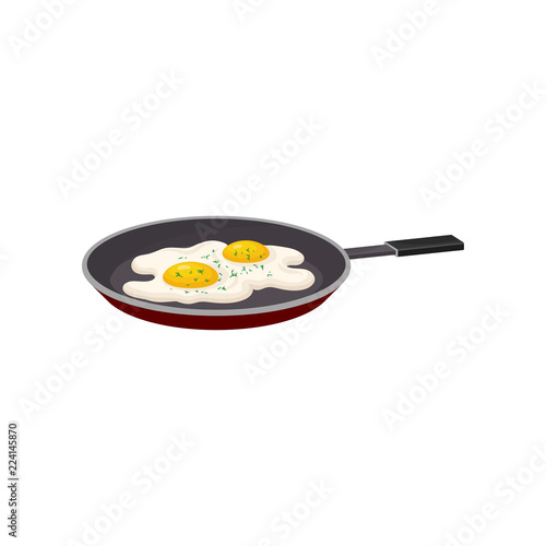 Fried egg in a frying pan, fresh nutritious breakfast food, design element for menu, cafe, restaurant vector Illustration on a white background