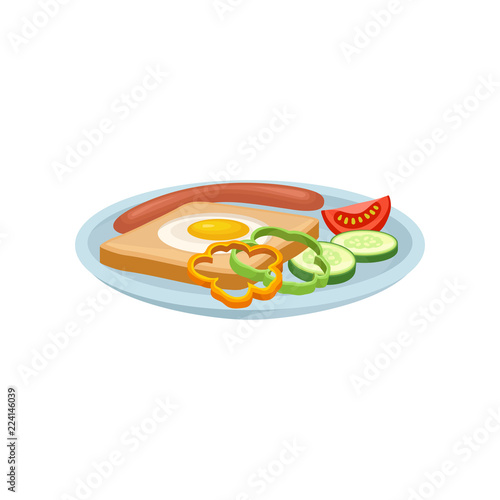 Sandwich with egg, sausage and vegetables on a plate, fresh nutritious breakfast food, design element for menu, cafe, restaurant vector Illustration on a white background