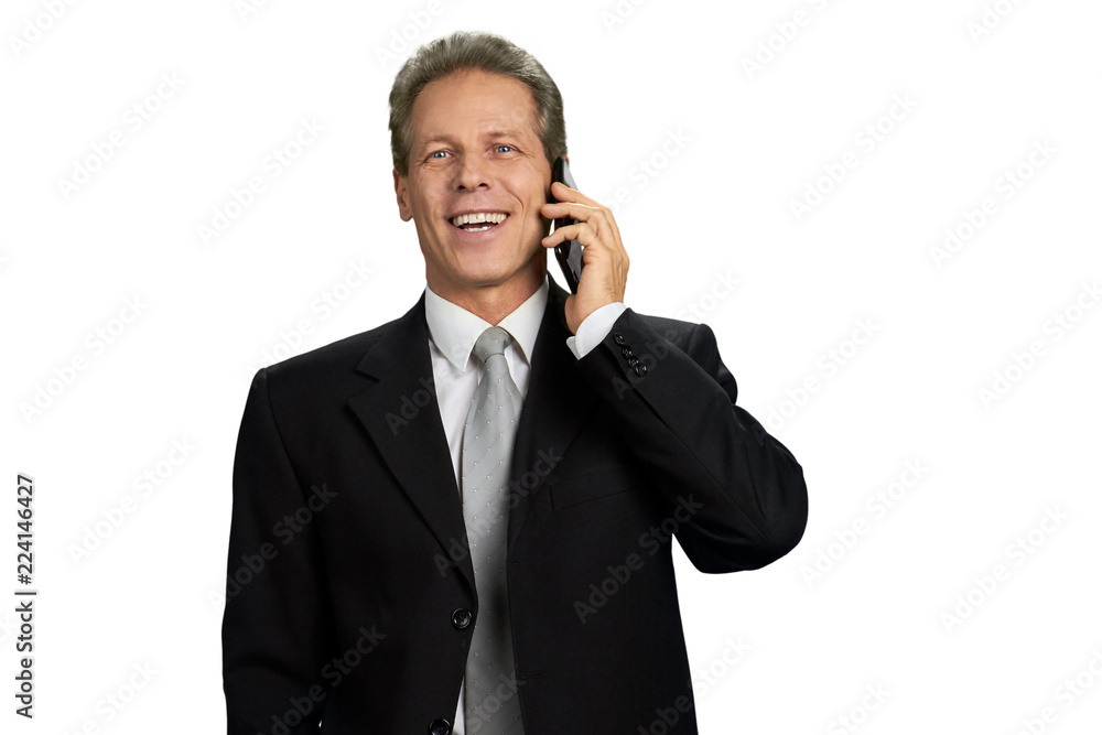 Happy male executive talking on phone. Cheerful middle-aged businessman talking on smartphone, isolated on white background. Happy male executive talking on phone. Cheerful middle-aged businessman talking on smartphone, isolated on white background.