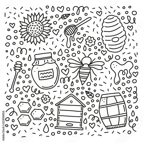 Set of honey outline doodles.