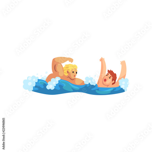 Male lifeguard saving a drowning man, professional rescuer on duty vector Illustration on a white background