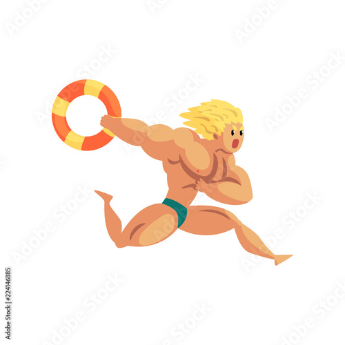 Male lifeguard running with lifebuoy, muscular professional rescuer charater on duty vector Illustration on a white background