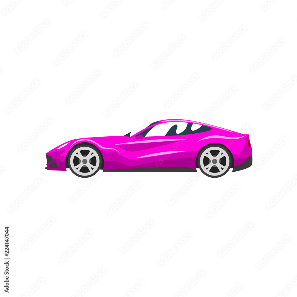 Fuchsia sports racing car, supercar, side view vector Illustration on a white background