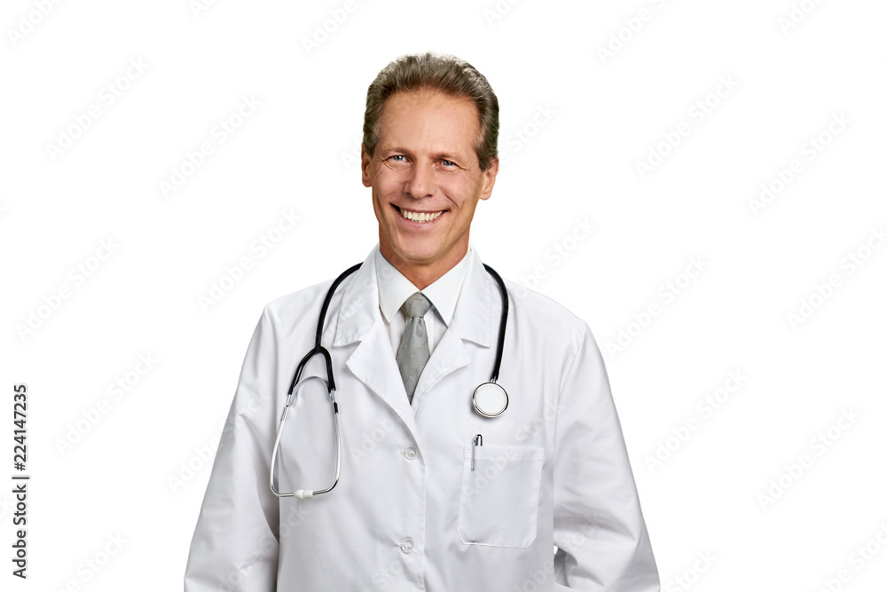Happy cheerful doctor isolated on white. Portrait of happy medical worker with stethoscope.