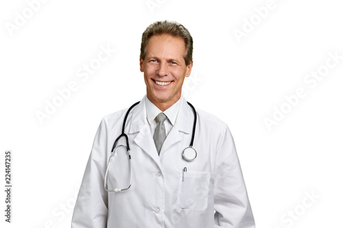 Happy cheerful doctor isolated on white. Portrait of happy medical worker with stethoscope.