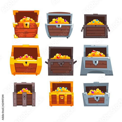 Collection of wooden chests with treasures, chest with golden coins and jewels vector Illustration on a white background
