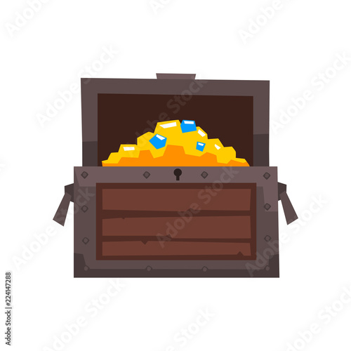 Opened wooden chest with treasures vector Illustration on a white background