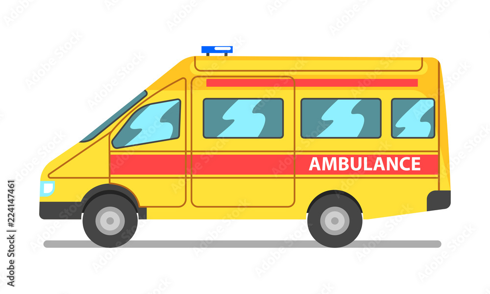Emergency car, yellow and red ambulance medical service vehicle vector Illustration on a white background