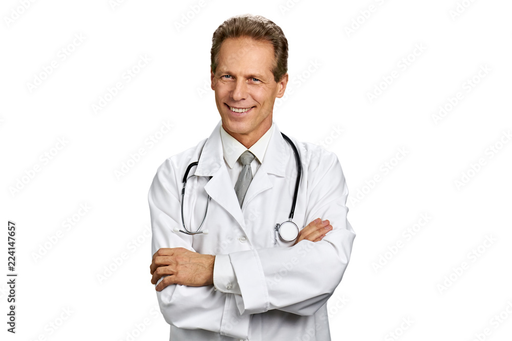 Happy caucasian doctor on white background. Cheerful medical worker with stethoscope folded arms on chest, portrait. People, medicine, healthcare. Happy caucasian doctor on white background. Cheerful medical worker with stethoscope folded arms on chest, portrait. People, medicine, healthcare.