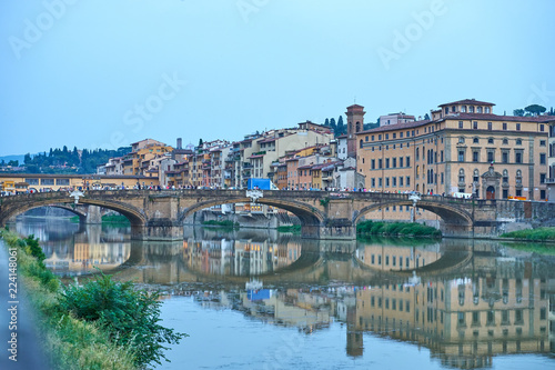 St Trinity Bridge in Florence in Italy at dawn, with famous "Ponte Vecchio" in the back