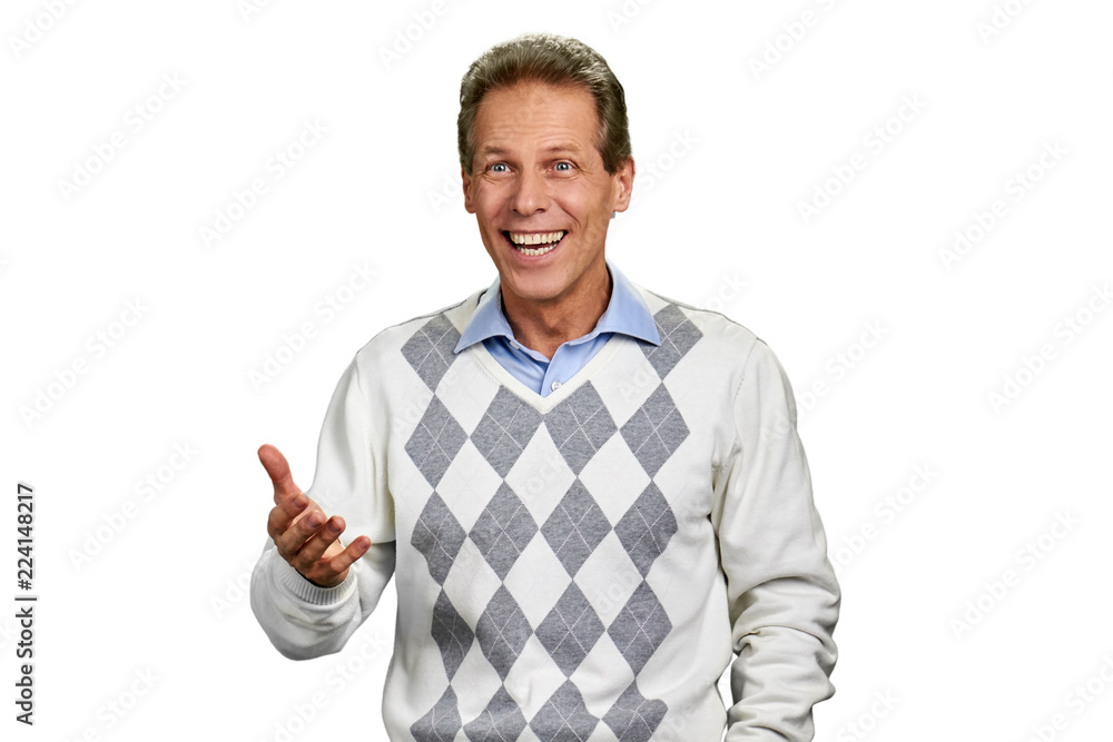 Naklejka premium Portrait of surprised man on white background. Middle-aged cheerful man looking shocked, isolated on white background.