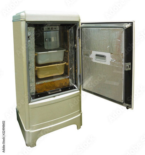 Old refrigerator vintage fridge with chrome handle isolated on white background