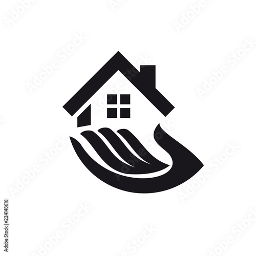 Vector simple logo, home on the hand. Concept of sale and rent houses