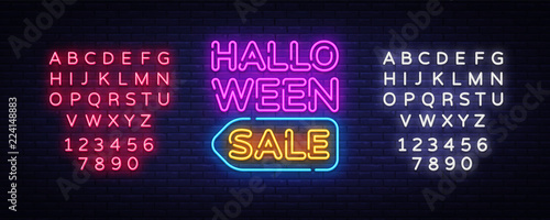 Halloween Sale Text Vector. Halloween Sale neon sign, design template, modern trend design, night neon signboard, night bright advertising, light banner, light art. Vector. Editing text neon sign