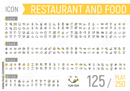Food and restaurant icon set. Flat and linear