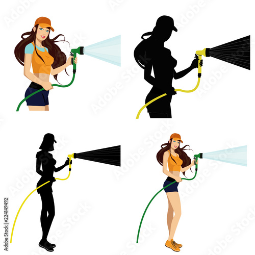 beautiful girl with a water hose.Set of four illustrations
