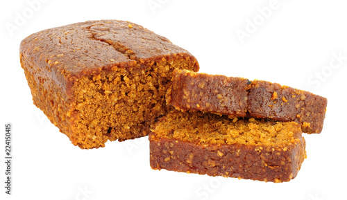 Parkin cake a North of England gingerbread cake traditional eaten on bonfire night or Guy Fawkes night on November 5th,  isolated on a white background