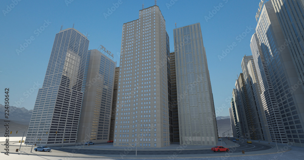 Fototapeta premium Metropolitan Aerial City Flight Render With Skyscrapers