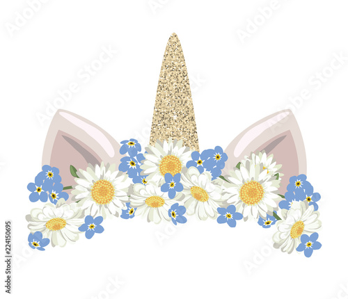 Unicorn cute catroon character with floral wreath and gold glitter element. For birthday, baby shower, clothes and posters design.