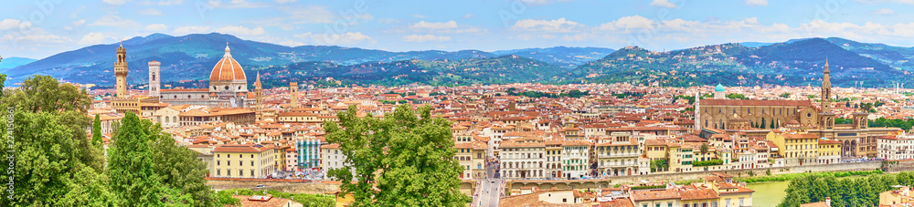 Aerial view of Florence with the Basilica Santa Maria del Fiore (Duomo) and tower of 