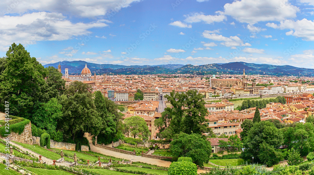 Aerial view of Florence with the Basilica Santa Maria del Fiore (Duomo) seen from the 