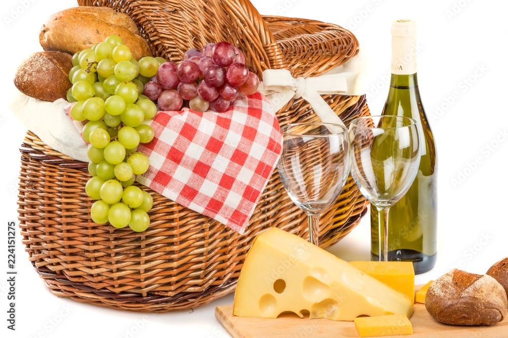 Wine Bottle, Wine Glasses, Cheese on the Cutting Board and Wine Bottle, Wine Glasses, Cheese on the Cutting Board and