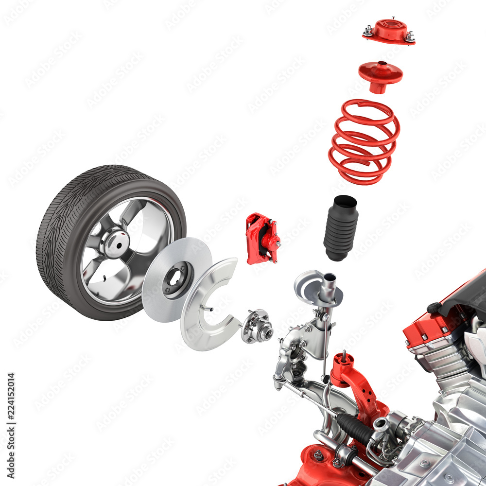 Suspension of the car with wheel and engine Undercarriage in detail ...