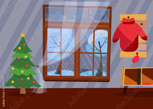 Evening interior of the hallway with large window and hanger with red jacket and mittens. Transparent tulle on wooden window hides a winter landscape, decorated Christmas tree near gray striped wall