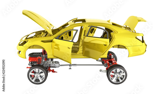 Body and suspension of the car with wheel and engine Undercarriage with bodycar in detail isolated on white background 3d without shadow photo